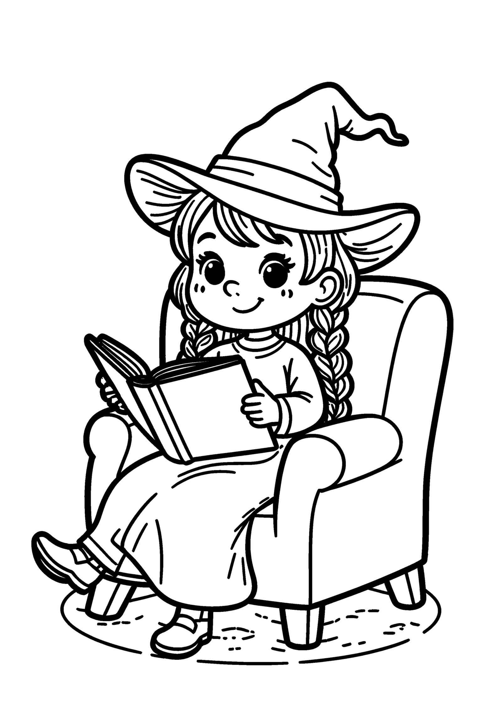 Coloriage Petite sorcière tressée lisant à imprimer gratuitement