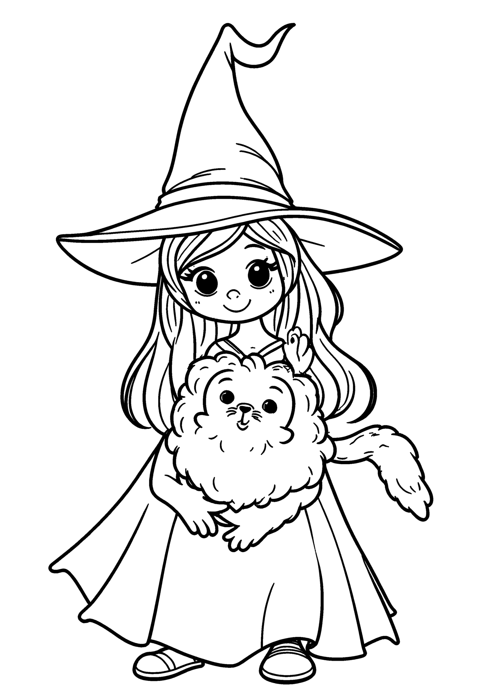 Coloriage Sorcière nourrissant son chat à imprimer