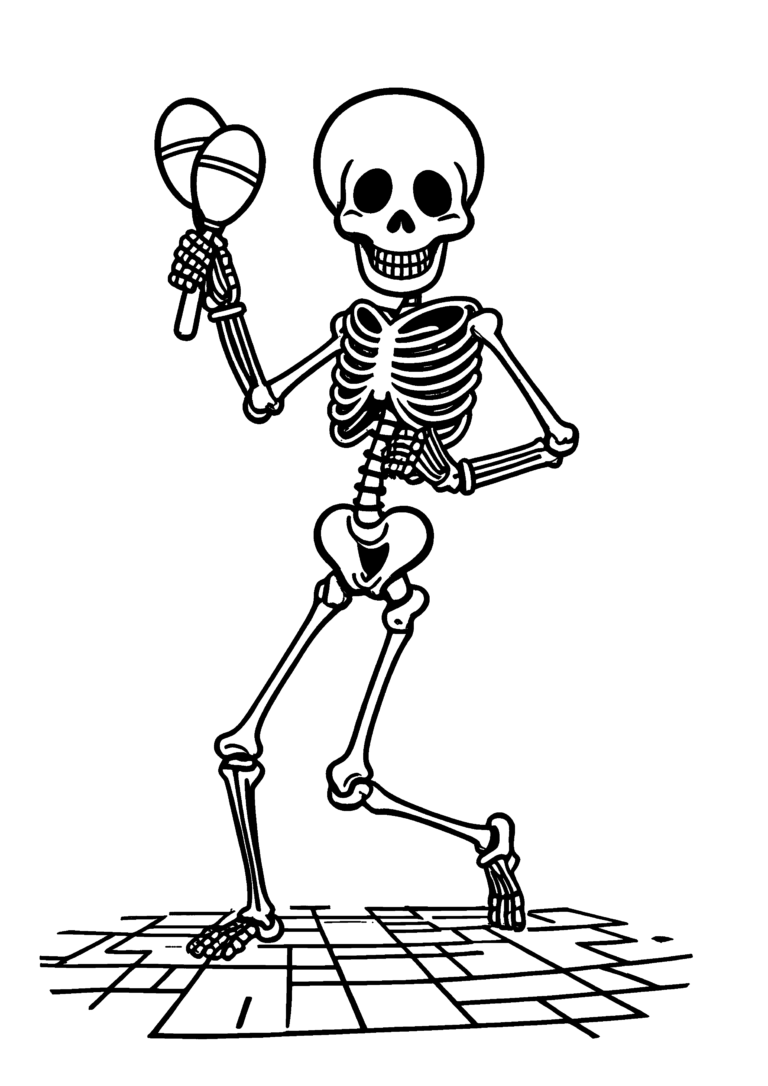 Coloriage Squelette dansant avec maracas à imprimer gratuitement