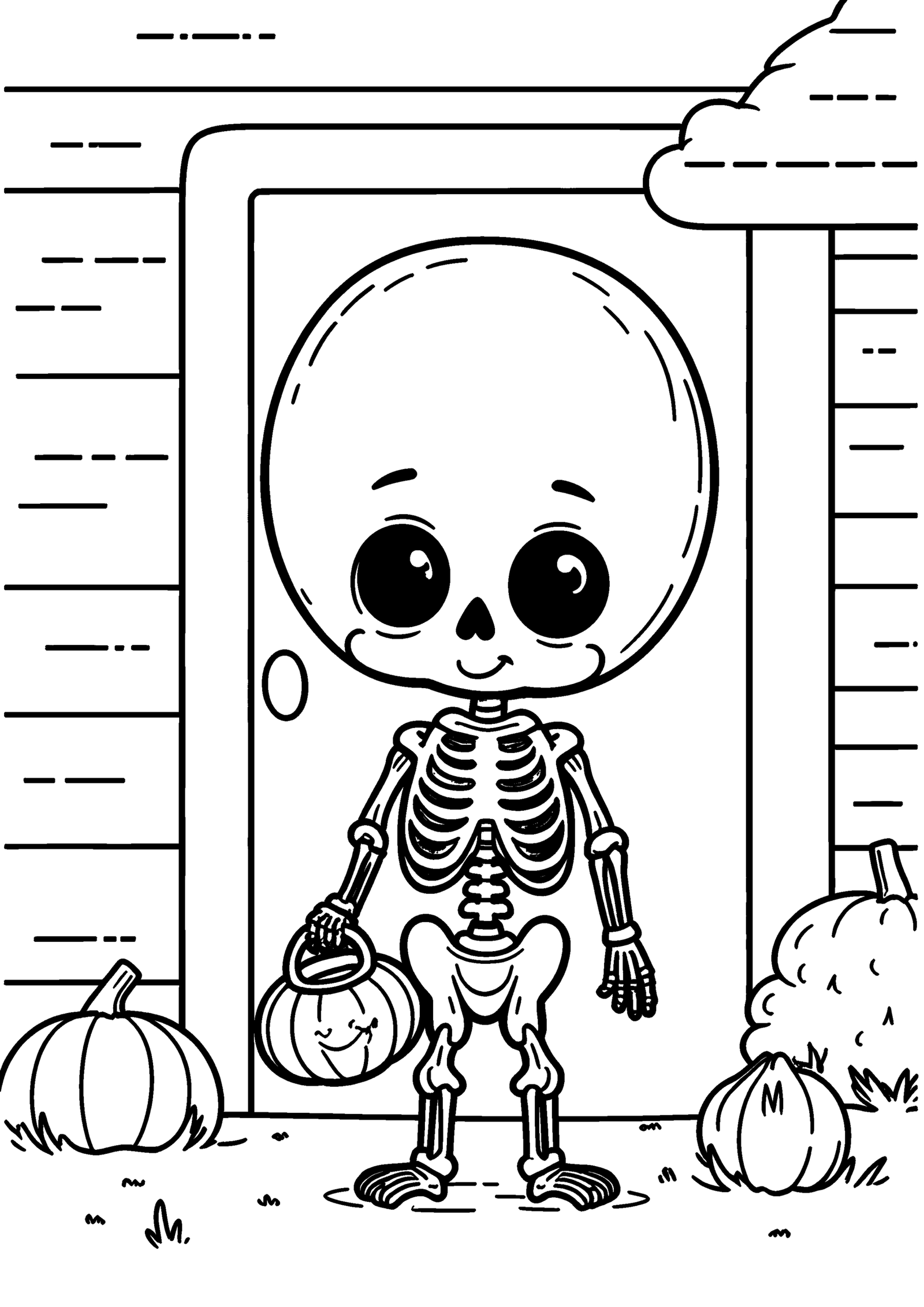 Coloriage Squelette devant la porte à imprimer gratuitement