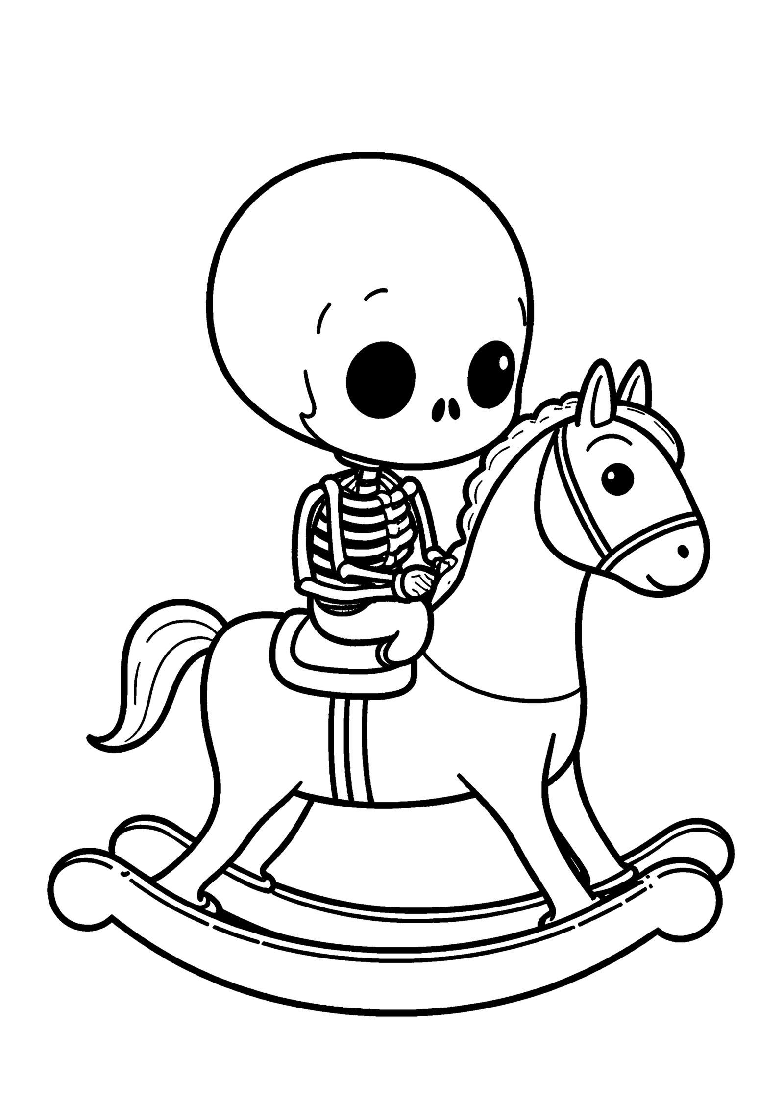 Coloriage Squelette enfant sur cheval à bascule à imprimer gratuitement