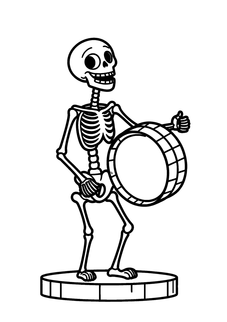 Coloriage Squelette joyeux jouant du tambour à imprimer gratuitement