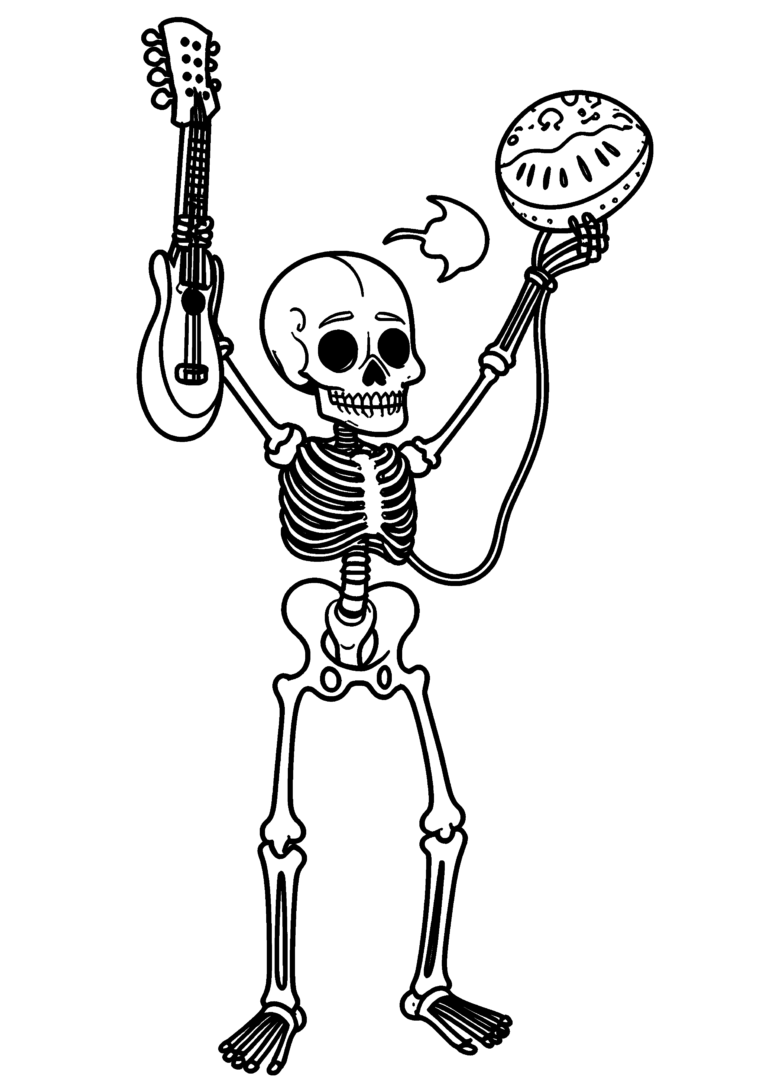 Coloriage Squelette tenant une guitare décorée à imprimer gratuitement