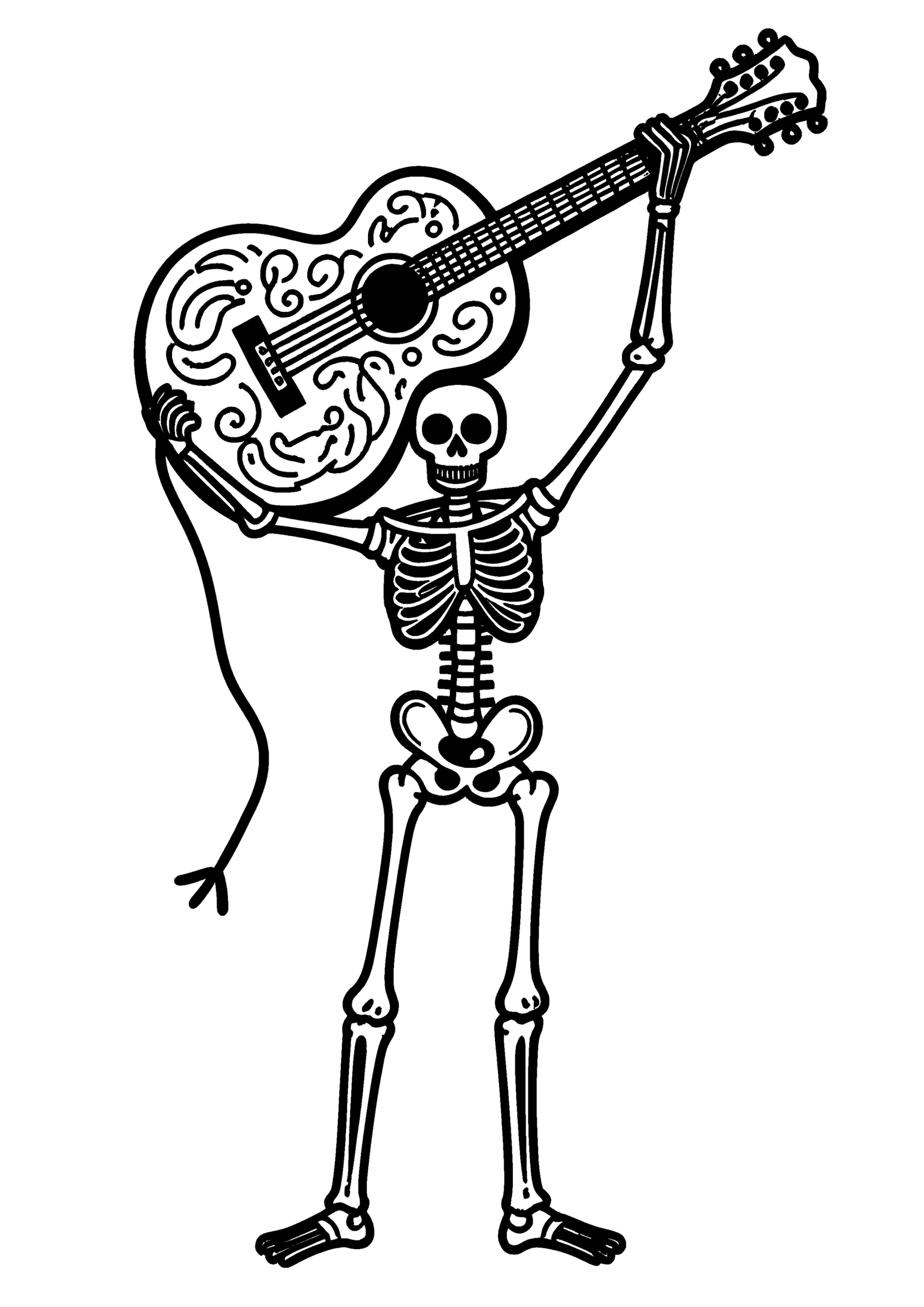 Coloriage Squelette tenant une guitare décorée, variante 2