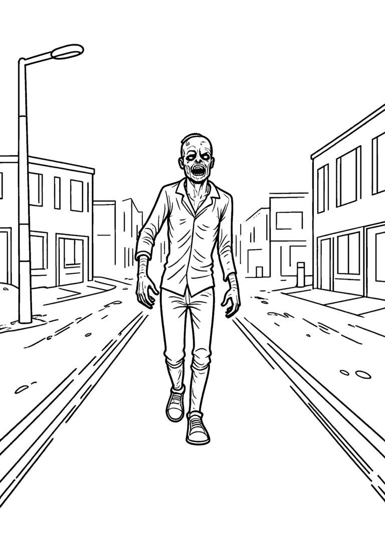 Coloriage Zombie dans rue brumeuse à imprimer gratuitement