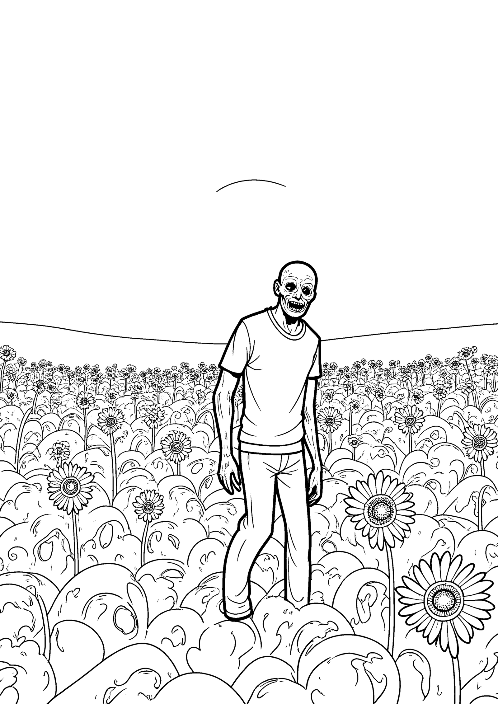 Coloriage Zombie dans un champ de tournesols à imprimer gratuitement