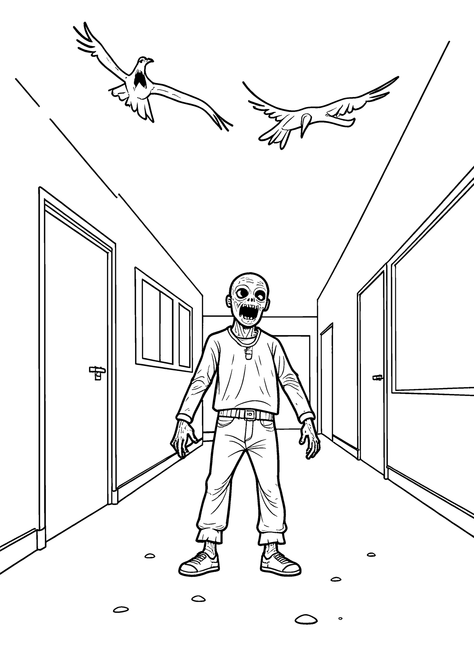 Coloriage Zombie dans un couloir scolaire à imprimer gratuitement