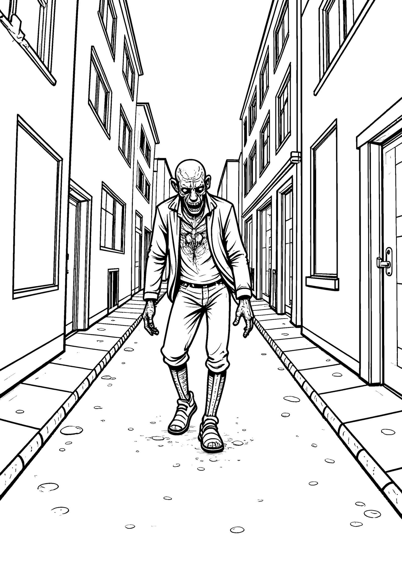 Coloriage Zombie dans une rue abandonnée à imprimer