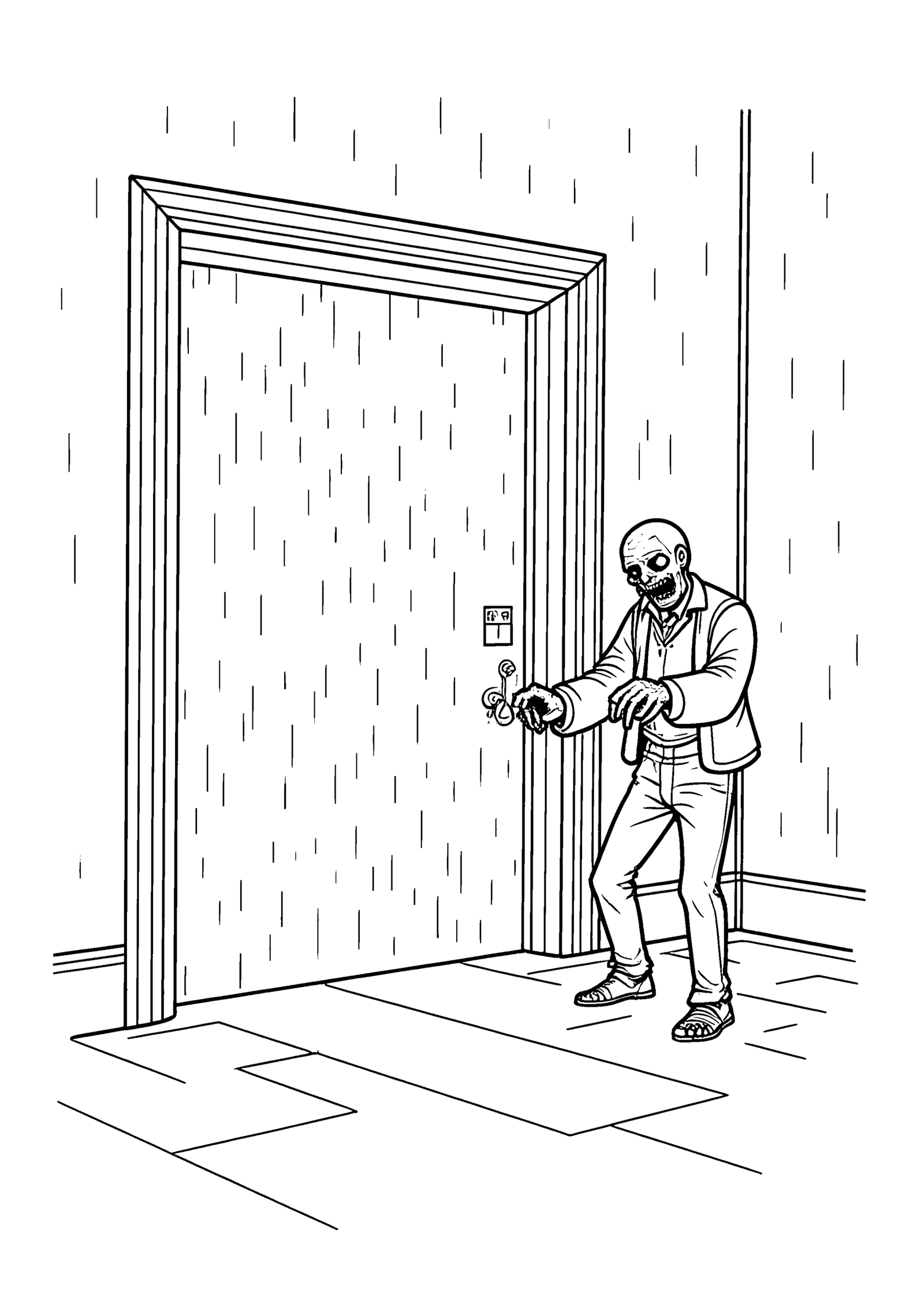 Coloriage Zombie devant une boutique barricadée à imprimer
