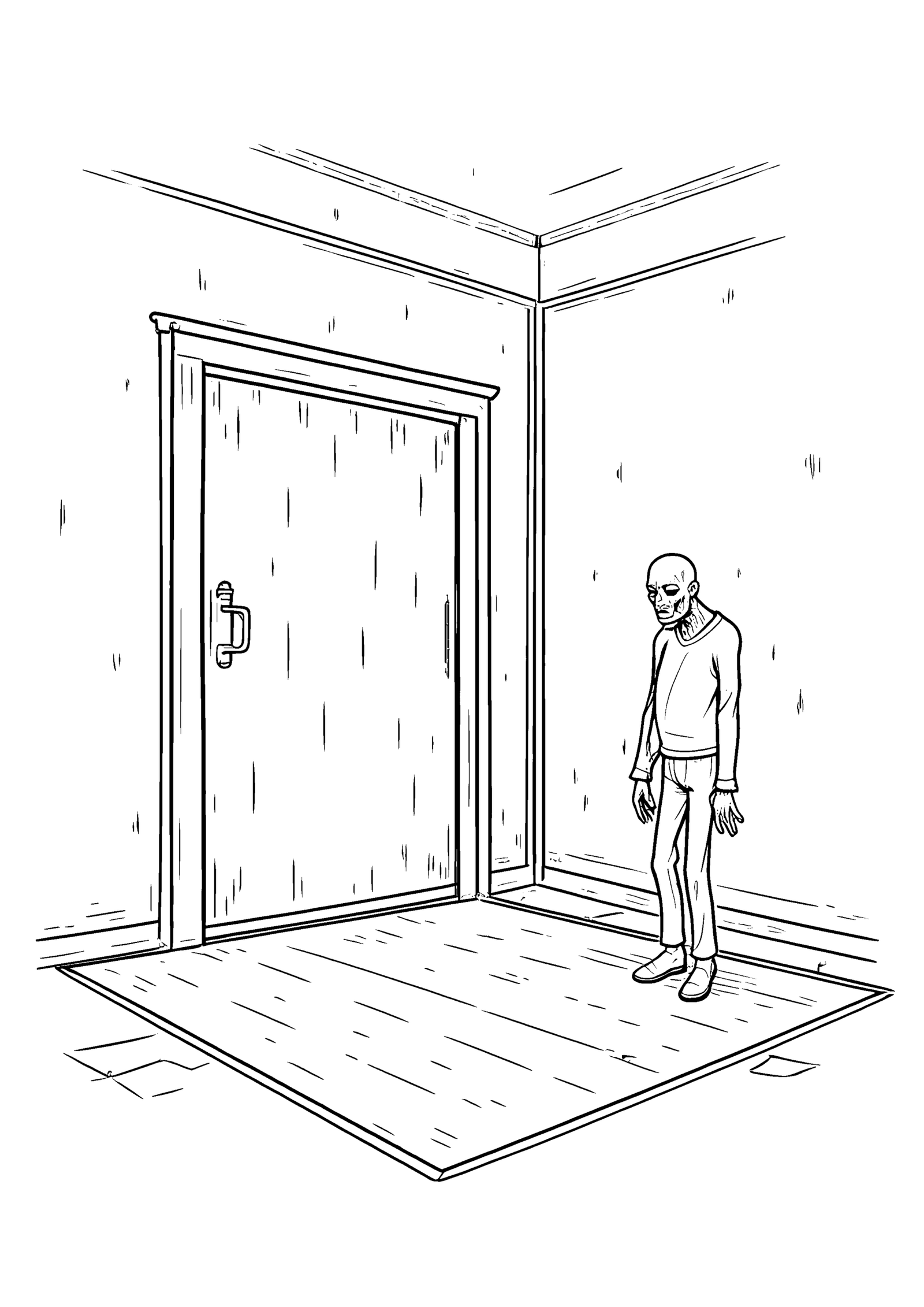 Coloriage Zombie devant une boutique barricadée, variante 2