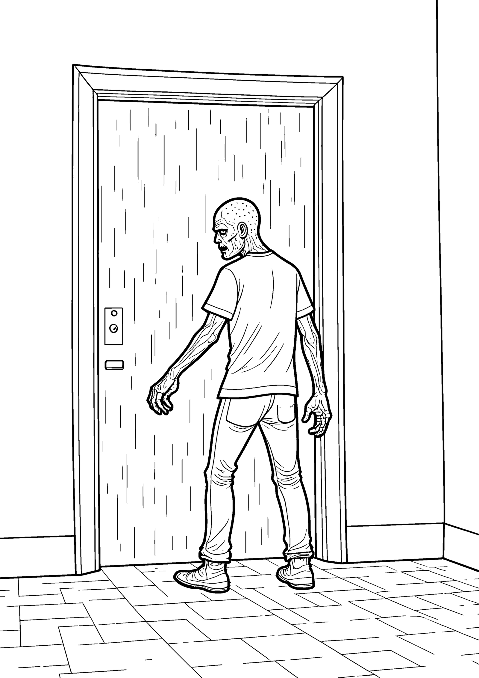 Coloriage Zombie devant une boutique barricadée, variante 3