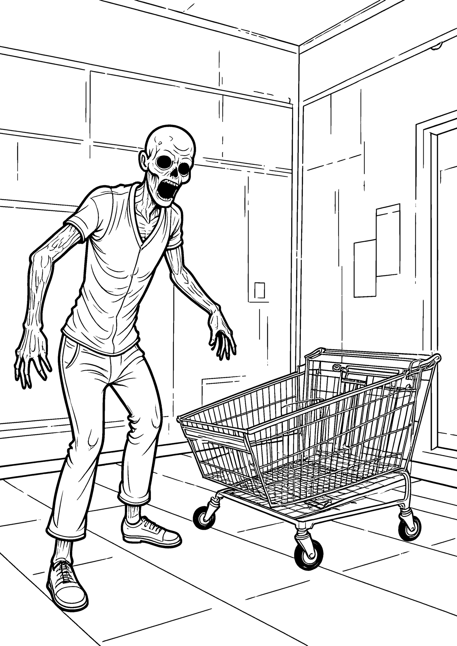 Coloriage Zombie près d'un chariot renversé à imprimer gratuitement