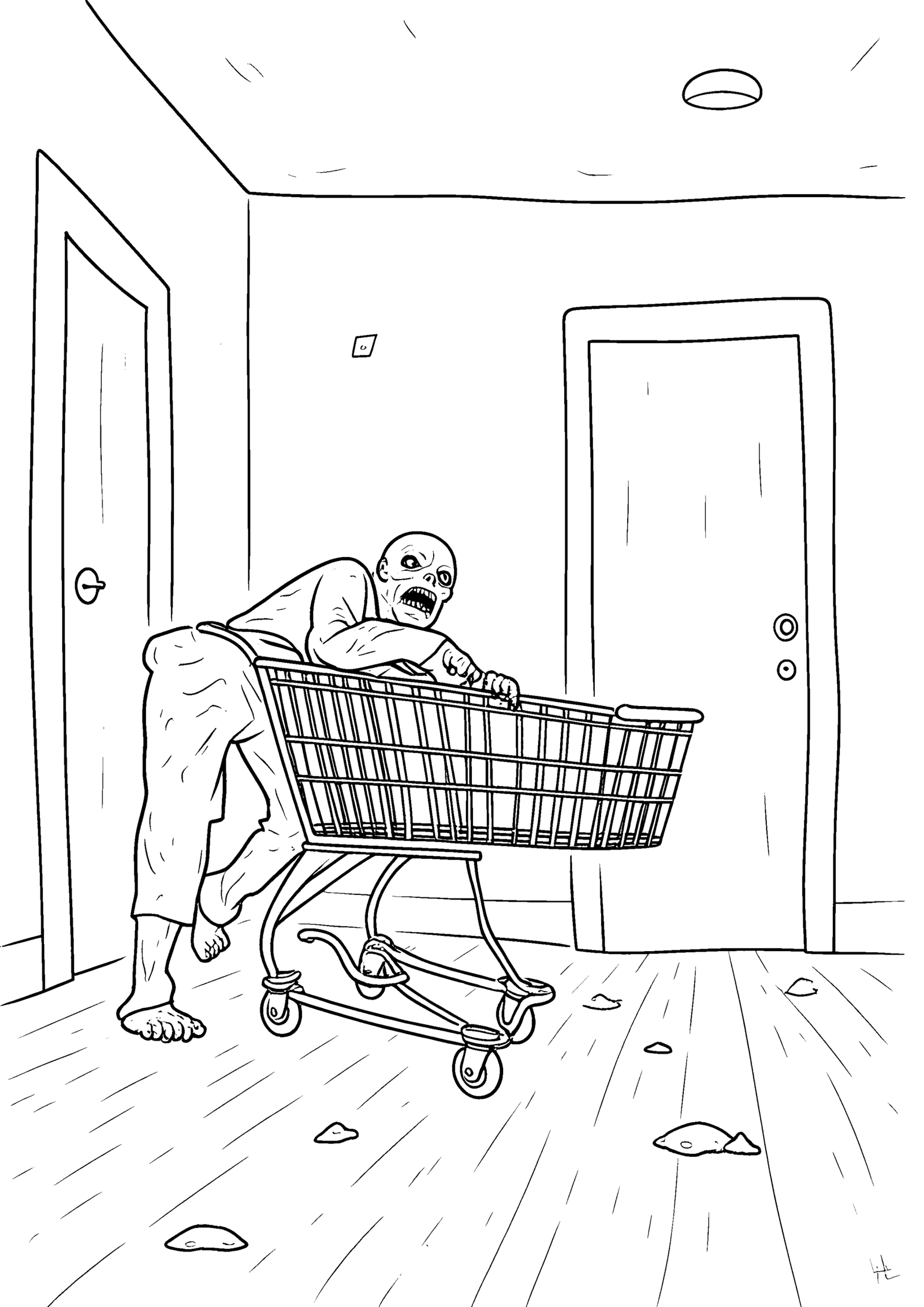 Coloriage Zombie près d'un chariot renversé, variante 2