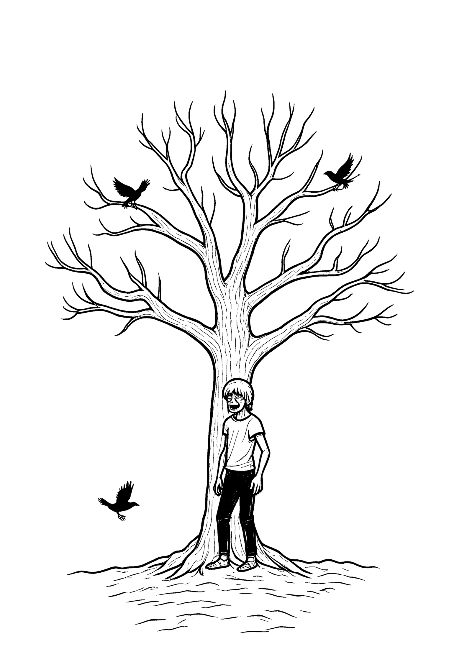 Coloriage Zombie sous un arbre avec corbeaux, variante 2