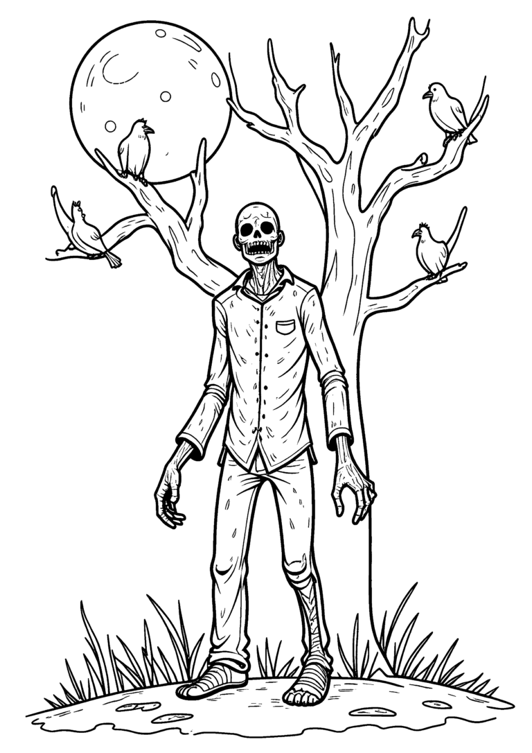 Coloriage Zombie sous un arbre mort à imprimer gratuitement