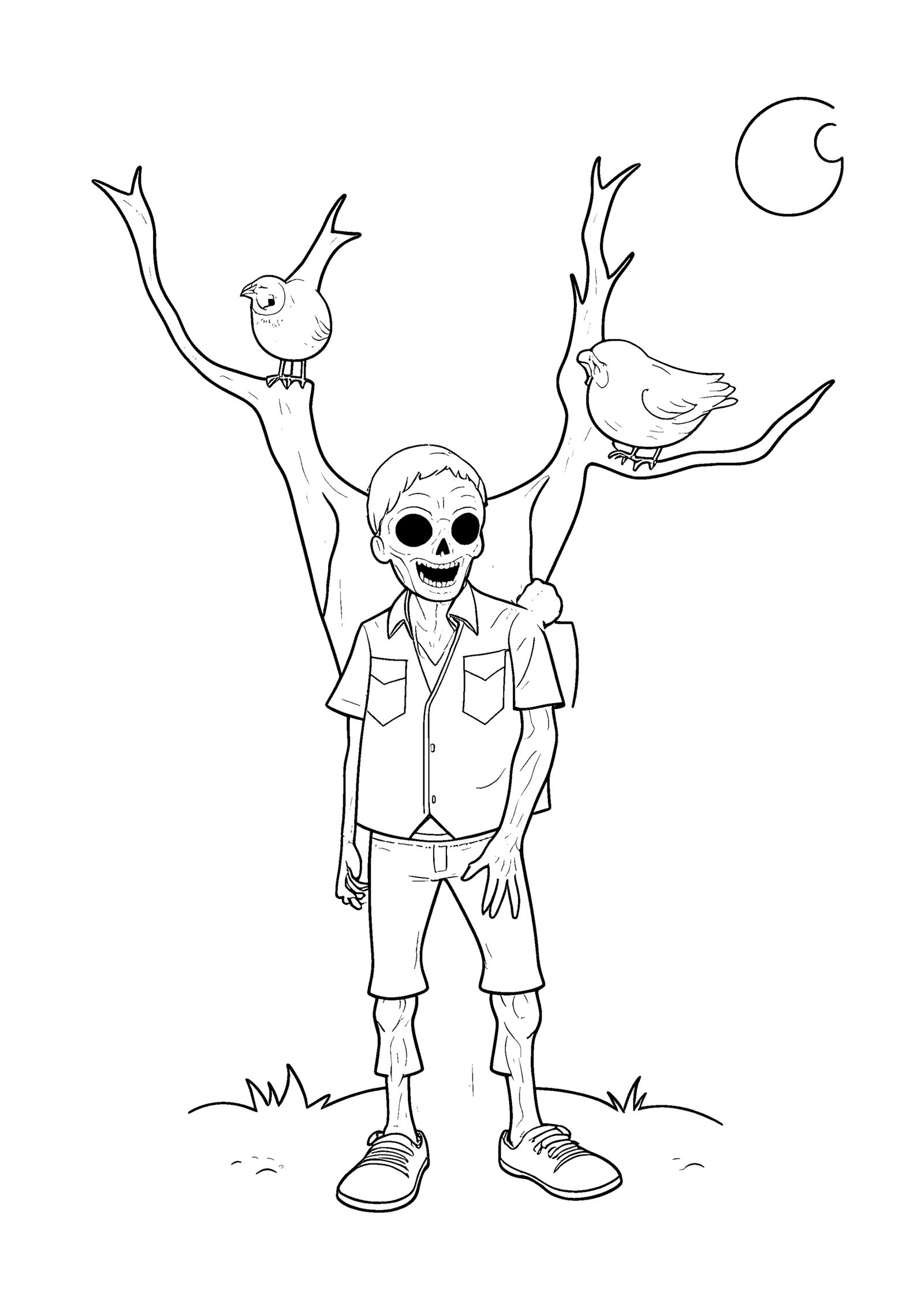 Coloriage Zombie sous un arbre mort, variante 2