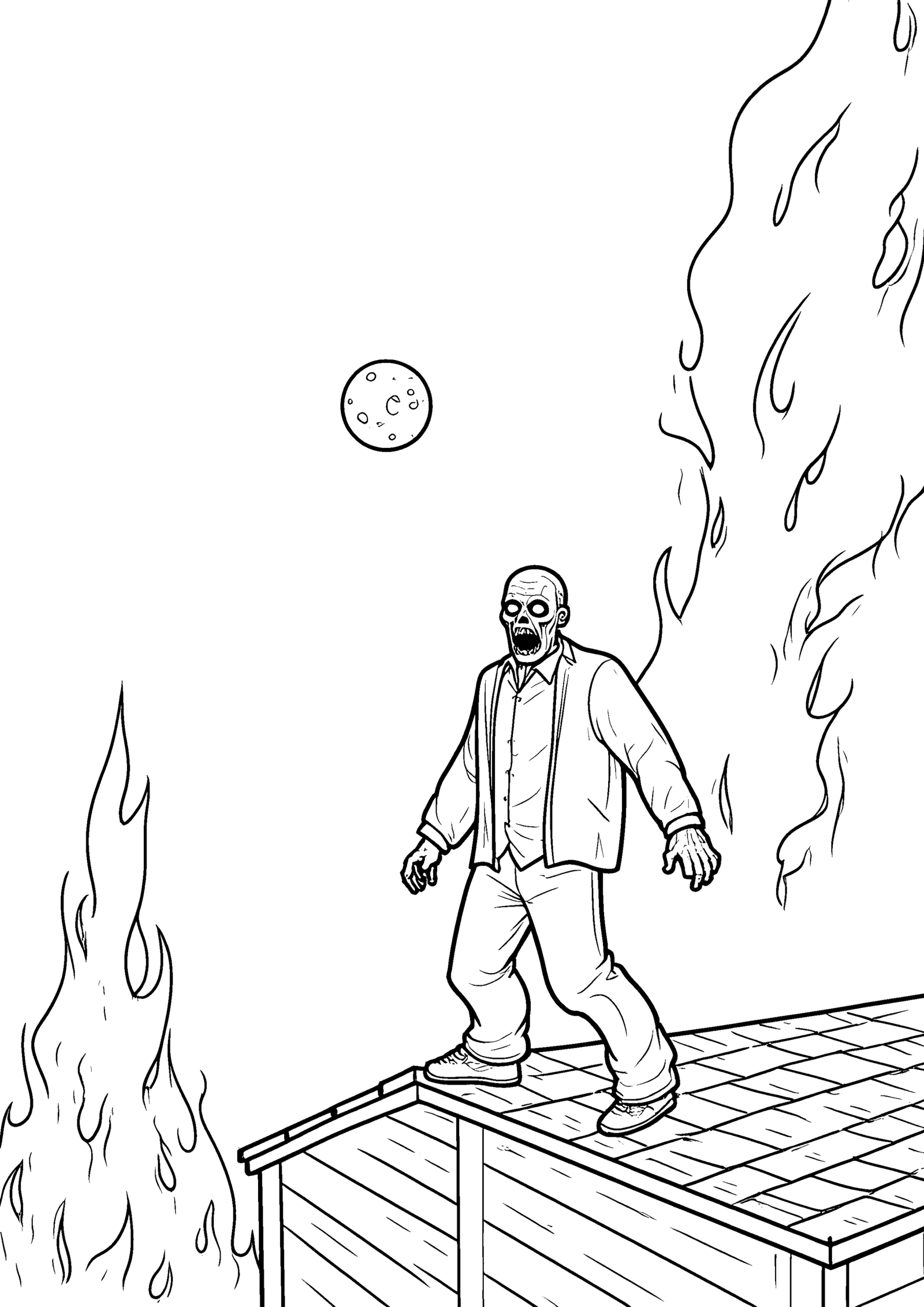 Coloriage Zombie sur un toit à imprimer