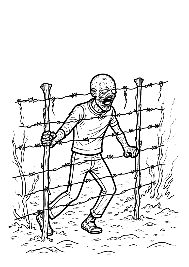Coloriage Zombie traversant clôture barbelée à imprimer gratuitement
