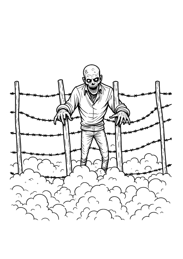 Coloriage Zombie traversant une clôture barbelée à imprimer gratuitement