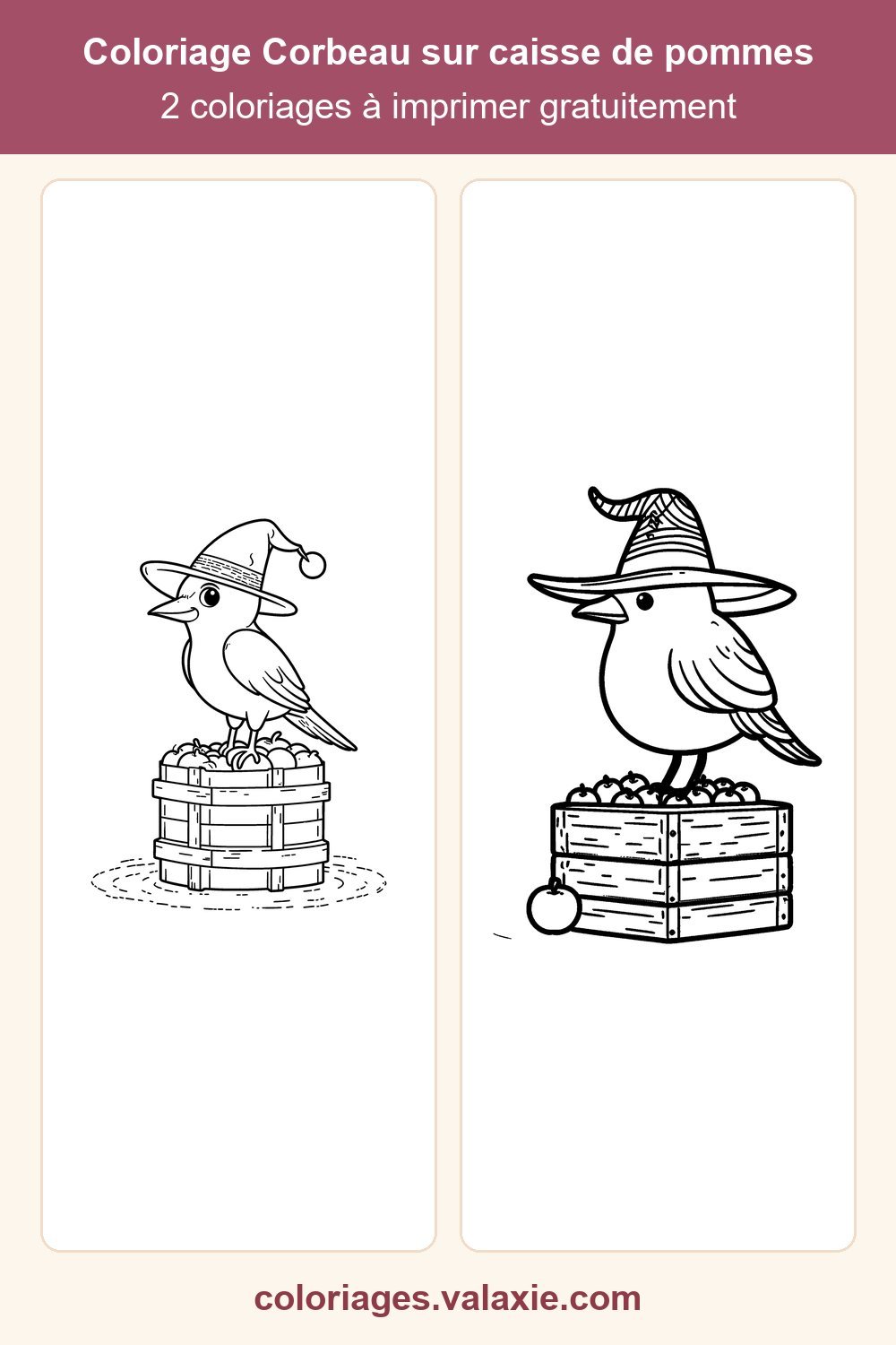 Épingle Pinterest du coloriage Corbeau sur caisse de pommes