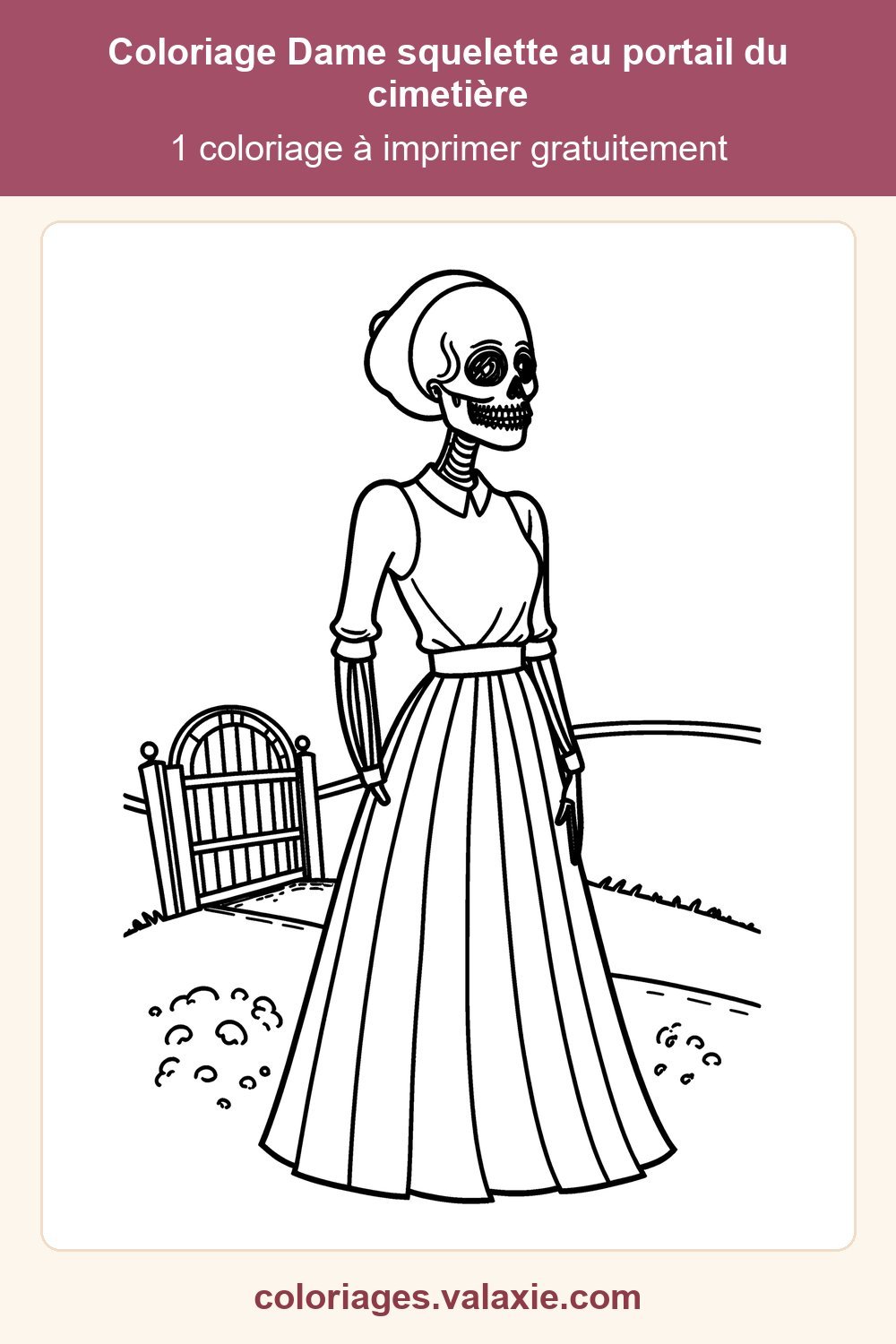 Épingle Pinterest du coloriage Dame squelette au portail du cimetière