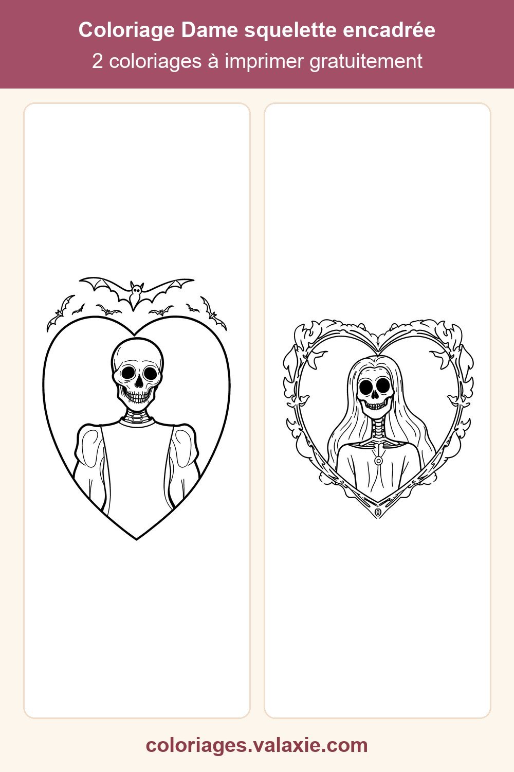 Épingle Pinterest du coloriage Dame squelette encadrée