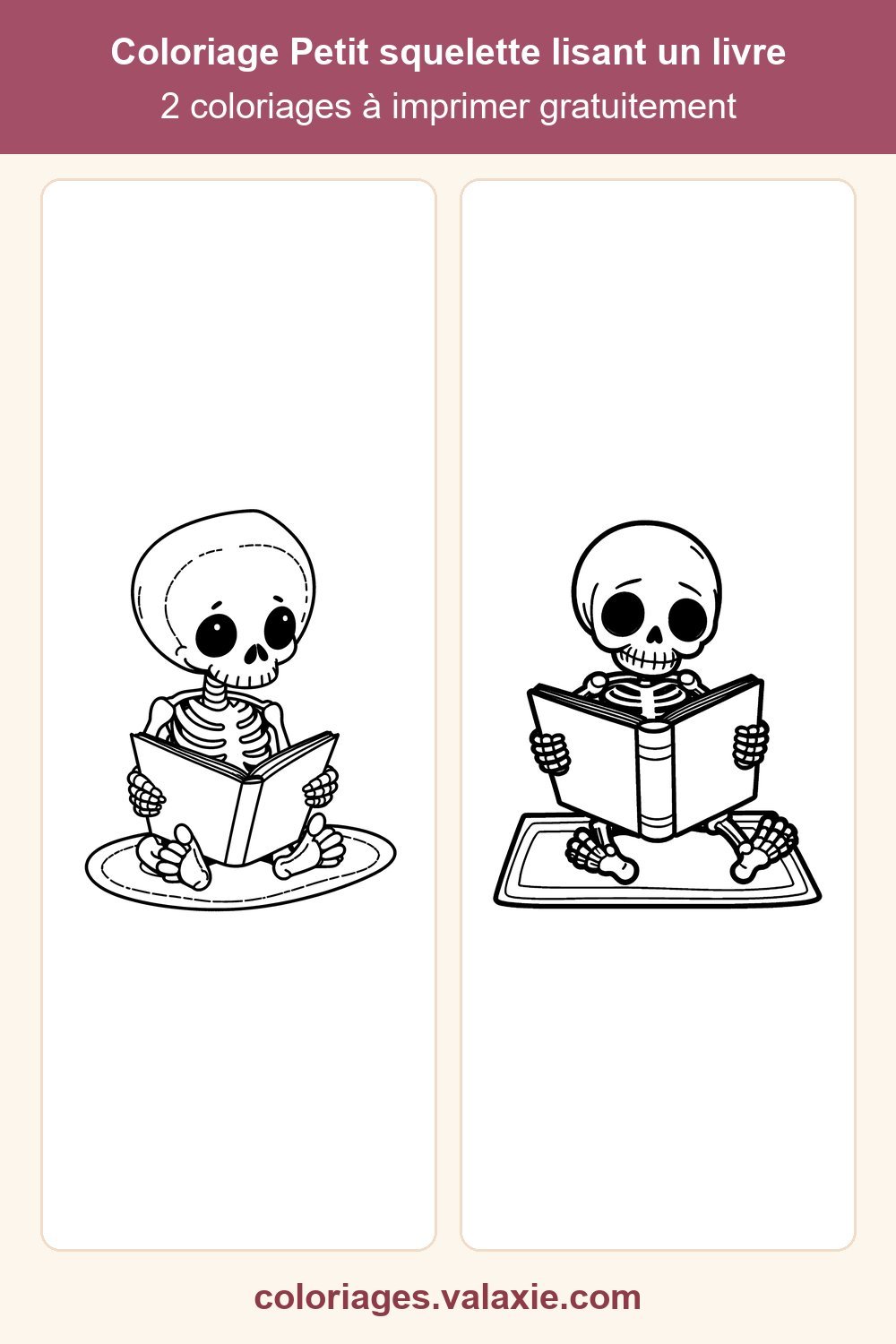 Épingle Pinterest du coloriage Petit squelette lisant un livre