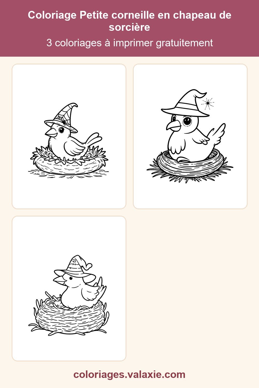 Épingle Pinterest du coloriage Petite corneille en chapeau de sorcière