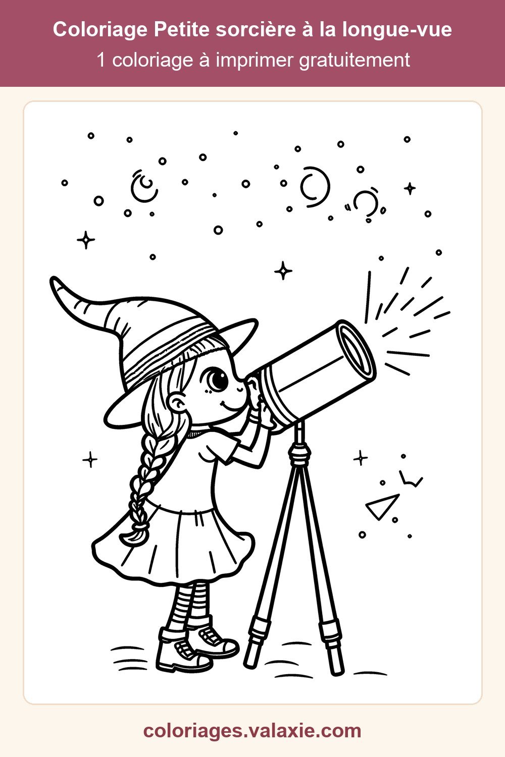 Épingle Pinterest du coloriage Petite sorcière à la longue-vue