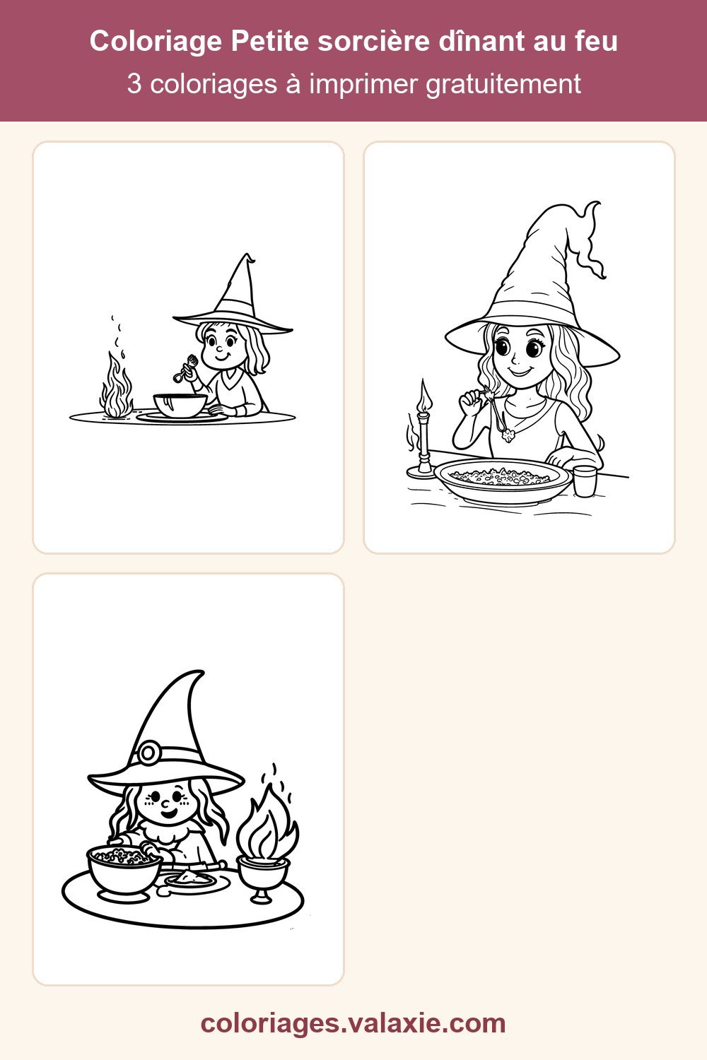 Épingle Pinterest du coloriage Petite sorcière dînant au feu