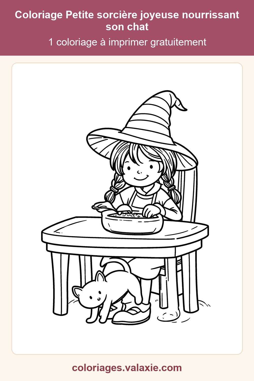 Épingle Pinterest du coloriage Petite sorcière joyeuse nourrissant son chat